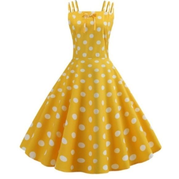 Pinup Yellow Polka Dot Retro 50s Pin Up Dress - Picture 1 of 5